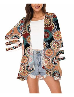 Women Mesh Panel 3/4 Bell Sleeve Floral Chiffon Casual Loose Kimono Cardigan Capes