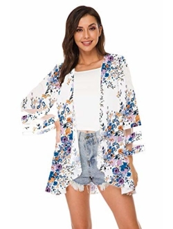 Women Mesh Panel 3/4 Bell Sleeve Floral Chiffon Casual Loose Kimono Cardigan Capes