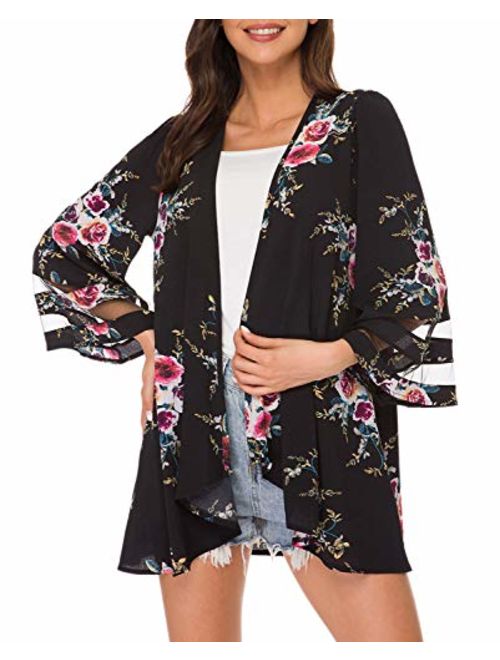 Women Mesh Panel 3/4 Bell Sleeve Floral Chiffon Casual Loose Kimono Cardigan Capes