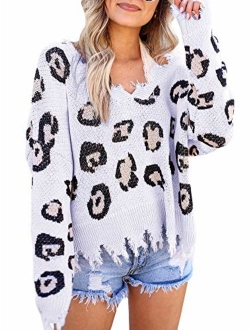 Foshow Womens Leopard Print Distressed Sweater Tops Oversized V Neck Ripped Cropped Cheetah Animal Knit Pullover