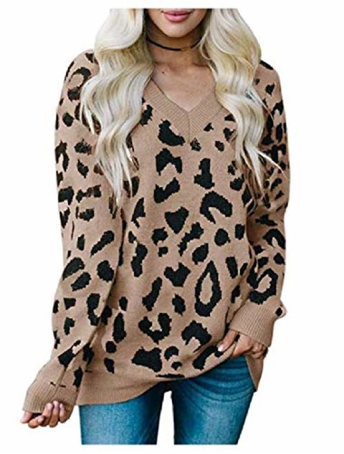 Foshow Womens Leopard Print Distressed Sweater Tops Oversized V Neck Ripped Cropped Cheetah Animal Knit Pullover