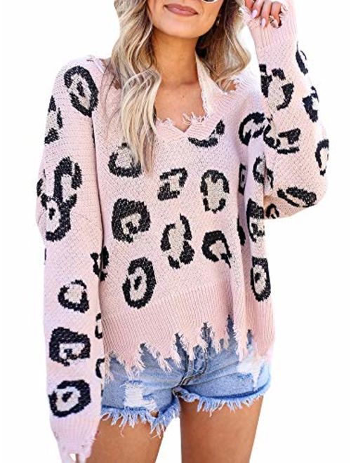 Foshow Womens Leopard Print Distressed Sweater Tops Oversized V Neck Ripped Cropped Cheetah Animal Knit Pullover