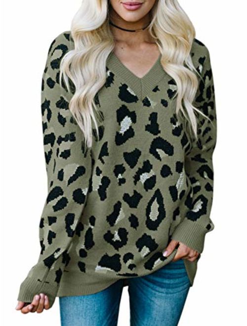 Foshow Womens Leopard Print Distressed Sweater Tops Oversized V Neck Ripped Cropped Cheetah Animal Knit Pullover