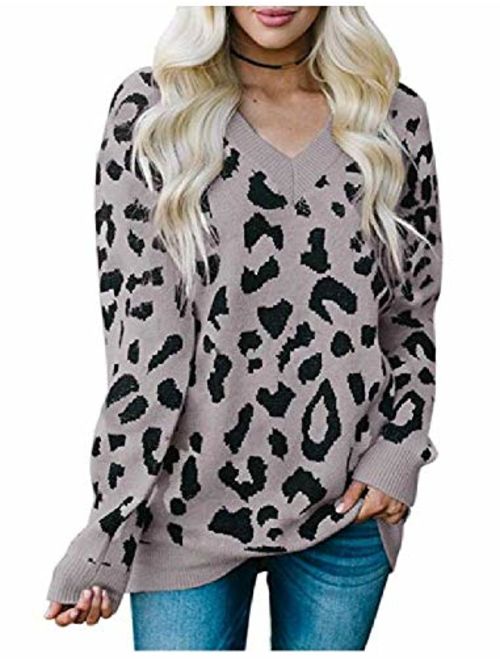 Foshow Womens Leopard Print Distressed Sweater Tops Oversized V Neck Ripped Cropped Cheetah Animal Knit Pullover