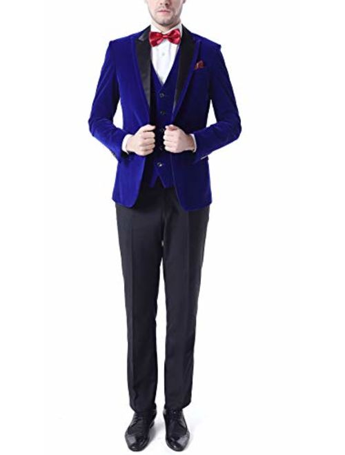 Men's One Button Royal Blue Suit Velvet Jacket Black Vest Pants Wedding Suits Groom Tuxedos