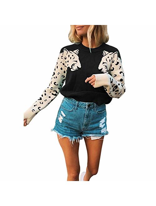 JUNBOON Womens Casual Leopard Print Knitted Pullover Sweaters Long Sleeve Crew Neck Jumper Tops