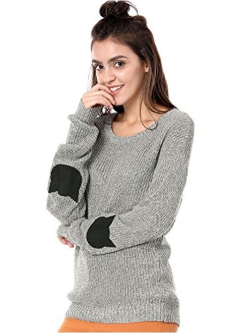 Allegra K Women's Pullover Drop Shoulder Elbow Cat Patch Loose Sweater Pullover Jumper