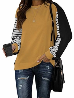 PRETTODAY Women's Color Block Pullovers Crew Neck Striped Print Sweaters Long Sleeve Tops