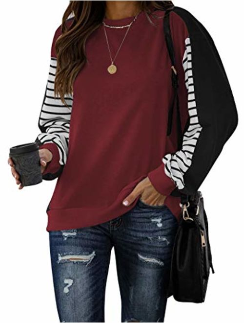 PRETTODAY Women's Color Block Pullovers Crew Neck Striped Print Sweaters Long Sleeve Tops