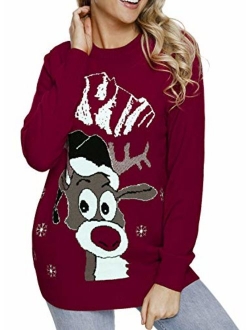 Womens Cute Reindeer Snowman Christmas Knit Sweater Pullovers (S-XXL)