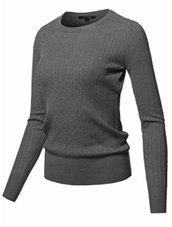 Women's Solid Long Sleeve Round Neck Cable Knit Sweater