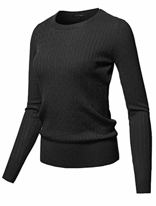 Women's Solid Long Sleeve Round Neck Cable Knit Sweater