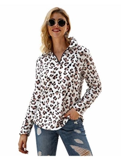 P&A Fashion Women's Long Sleeve Leopard Print Sweatshirt V Neck Quarter Zip Fleece Pullover Tops