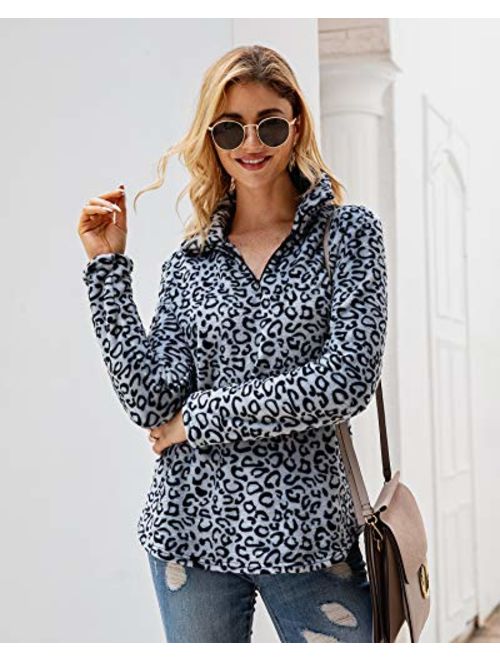 P&A Fashion Women's Long Sleeve Leopard Print Sweatshirt V Neck Quarter Zip Fleece Pullover Tops