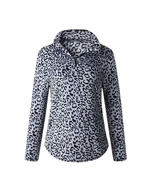 P&A Fashion Women's Long Sleeve Leopard Print Sweatshirt V Neck Quarter Zip Fleece Pullover Tops