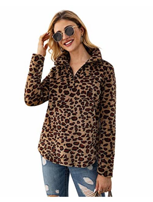 P&A Fashion Women's Long Sleeve Leopard Print Sweatshirt V Neck Quarter Zip Fleece Pullover Tops