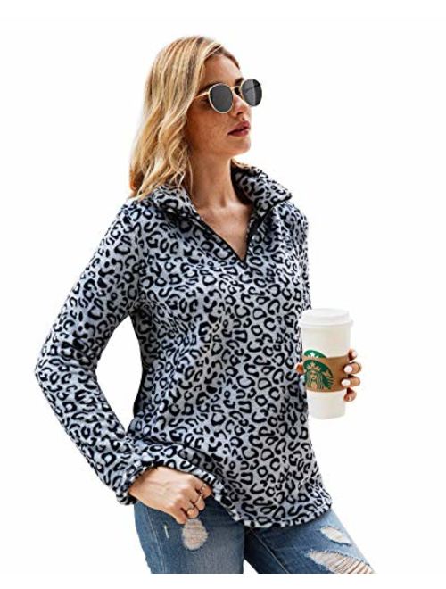 P&A Fashion Women's Long Sleeve Leopard Print Sweatshirt V Neck Quarter Zip Fleece Pullover Tops