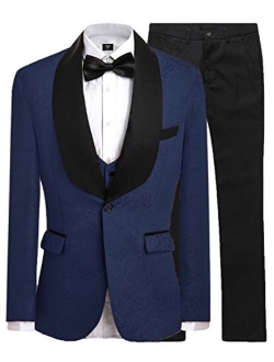 JYDress Mens Jacquard 3 Piece Suit Slim Fit Tuxedo Blazer Jacket Tux Vest & Trousers