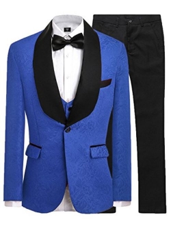 JYDress Mens Jacquard 3 Piece Suit Slim Fit Tuxedo Blazer Jacket Tux Vest & Trousers