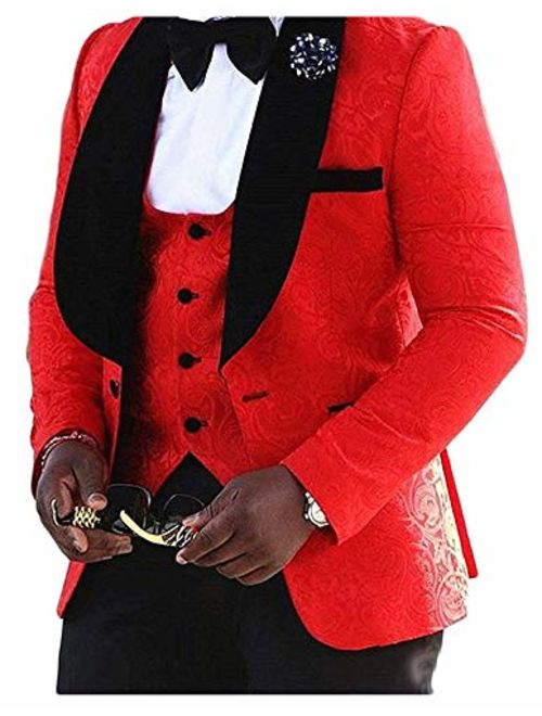 JYDress Mens Jacquard 3 Piece Suit Slim Fit Tuxedo Blazer Jacket Tux Vest & Trousers