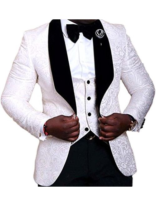 JYDress Mens Jacquard 3 Piece Suit Slim Fit Tuxedo Blazer Jacket Tux Vest & Trousers