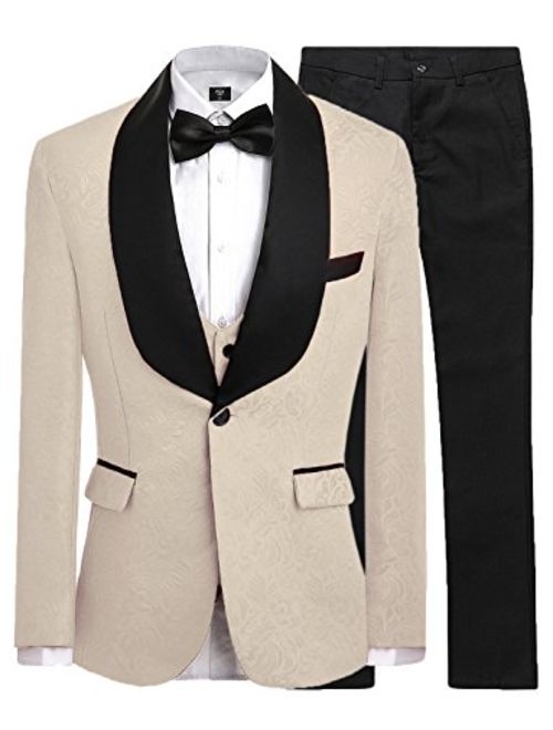 JYDress Mens Jacquard 3 Piece Suit Slim Fit Tuxedo Blazer Jacket Tux Vest & Trousers