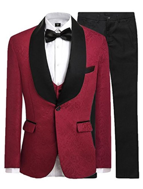 JYDress Mens Jacquard 3 Piece Suit Slim Fit Tuxedo Blazer Jacket Tux Vest & Trousers