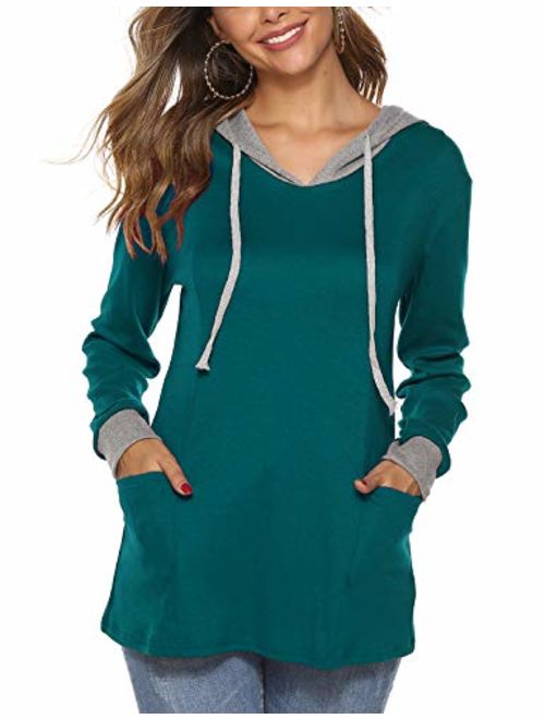 Sweetnight Women's Long Sleeve Color Block Pullover Hoodies Pocket Sweatshirt Tunic Tops