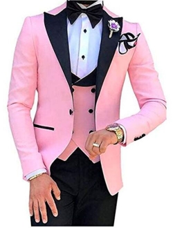 Botong Men's 3 Pc Red Notch Lapel Wedding Suits Slim Fit Groom Tuxedos