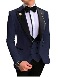 Botong Men's 3 Pc Red Notch Lapel Wedding Suits Slim Fit Groom Tuxedos