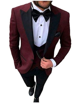 Botong Men's 3 Pc Red Notch Lapel Wedding Suits Slim Fit Groom Tuxedos