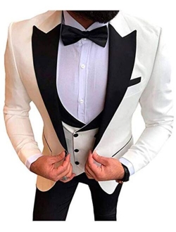 Botong Men's 3 Pc Red Notch Lapel Wedding Suits Slim Fit Groom Tuxedos