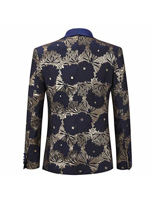 Boyland Men's Formal Suit Floral Slim Fit 3 Pieces Shawl Lapel Prom Dinner Formalwear Tux Suit Jacket Vest Pants Navy Blue