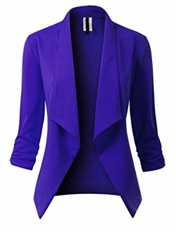 MixMatchy Women's Classic 3/4 Gathered Sleeve Open Front Solid Blazer Jacket [Made in USA](S-3XL)