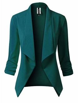 MixMatchy Women's Classic 3/4 Gathered Sleeve Open Front Solid Blazer Jacket [Made in USA](S-3XL)