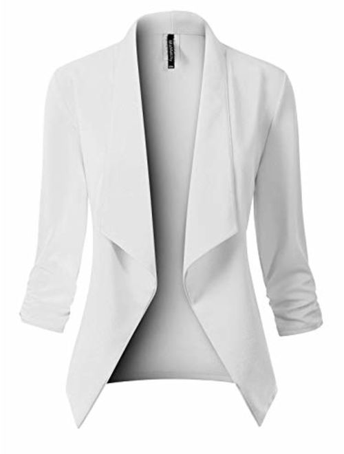 MixMatchy Women's Classic 3/4 Gathered Sleeve Open Front Solid Blazer Jacket [Made in USA](S-3XL)