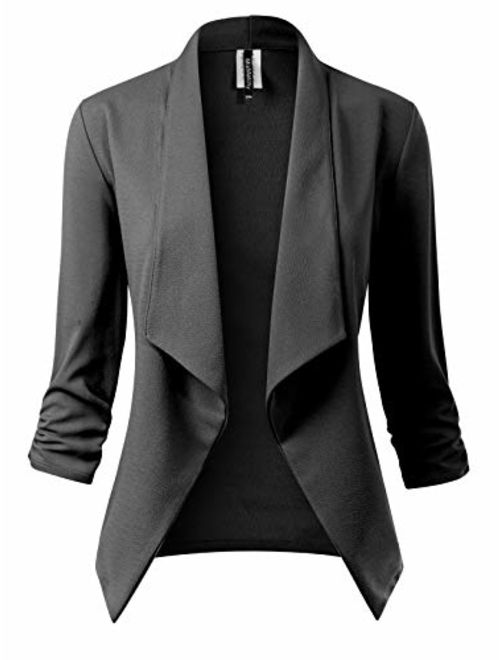 MixMatchy Women's Classic 3/4 Gathered Sleeve Open Front Solid Blazer Jacket [Made in USA](S-3XL)