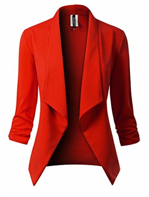 MixMatchy Women's Classic 3/4 Gathered Sleeve Open Front Solid Blazer Jacket [Made in USA](S-3XL)