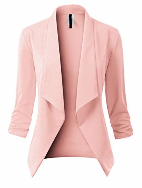 MixMatchy Women's Classic 3/4 Gathered Sleeve Open Front Solid Blazer Jacket [Made in USA](S-3XL)