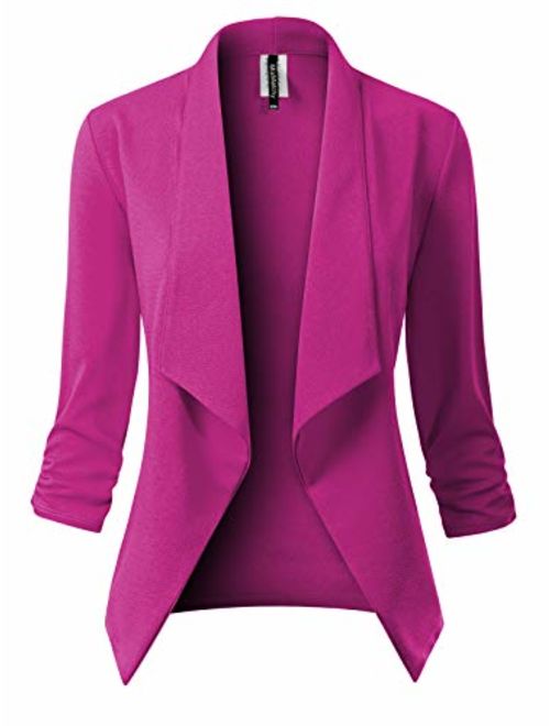 MixMatchy Women's Classic 3/4 Gathered Sleeve Open Front Solid Blazer Jacket [Made in USA](S-3XL)