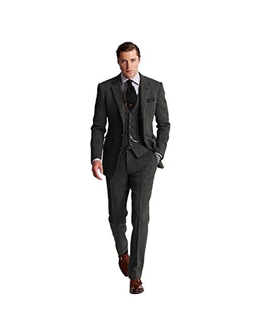 Retro 3 Piece Brown Grey Tweed Herringbone Men's Suits Slim Fit Groom Tuxedos Prom Blazer Custom Jacket