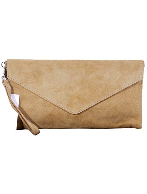 Primo Sacchi Italian Suede Leather Envelope Clutch Wrist Shoulder Crossbody Bag