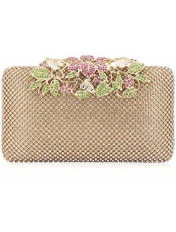 Womens Evening Bag with Flower Closure Rhinestone Crystal Clutch Purse for Wedding Party