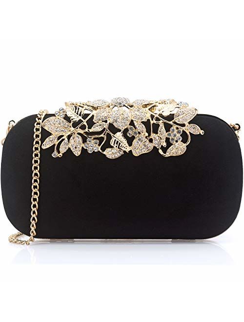 Dexmay Luxury Flower Women Clutch Purse Rhinestone Crystal Evening Bag for Wedding Party