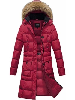 ELORA Women's Winter Puffer Mid Length Cargo Pocket Coat Fur Trim Removable Hood