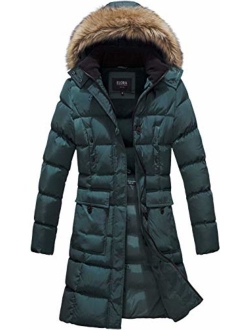 ELORA Women's Winter Puffer Mid Length Cargo Pocket Coat Fur Trim Removable Hood