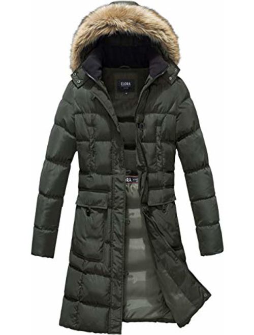 ELORA Women's Winter Puffer Mid Length Cargo Pocket Coat Fur Trim Removable Hood