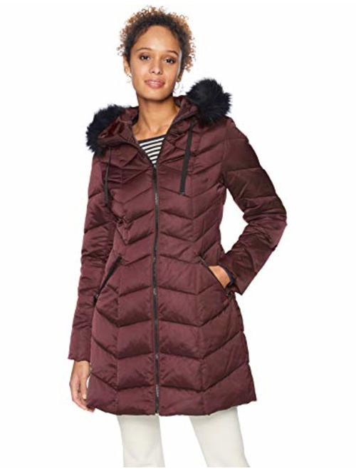 T Tahari Women's Chevron Quilted Puffer Coat, Merlot, M