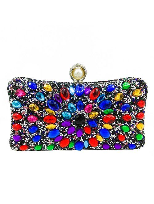 Boutique De FGG MultiColored Pearl Clasp Women Crystal Purse Evening Handbags Wedding Clutch Bag