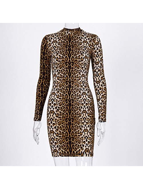 LuFeng Women's Long Sleeve High Neck Tigerskin Snakeskin Leopard Print Midi Bodycon Dress Party Club Dress